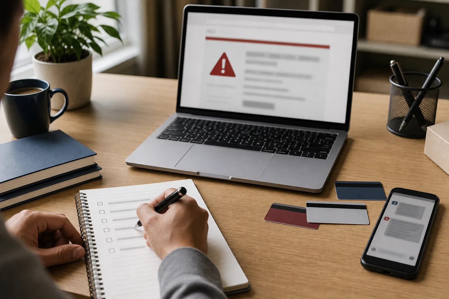 Safety checklist beside a laptop and phone with blurred suspicious message