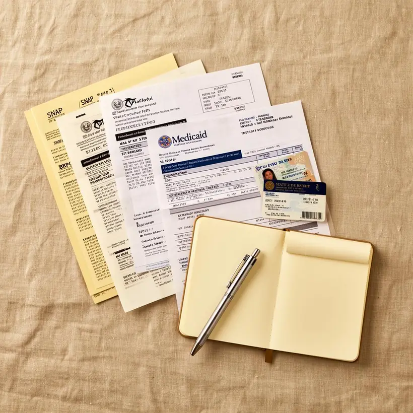 Benefit letters, state ID and utility bill ready for a free laptop application