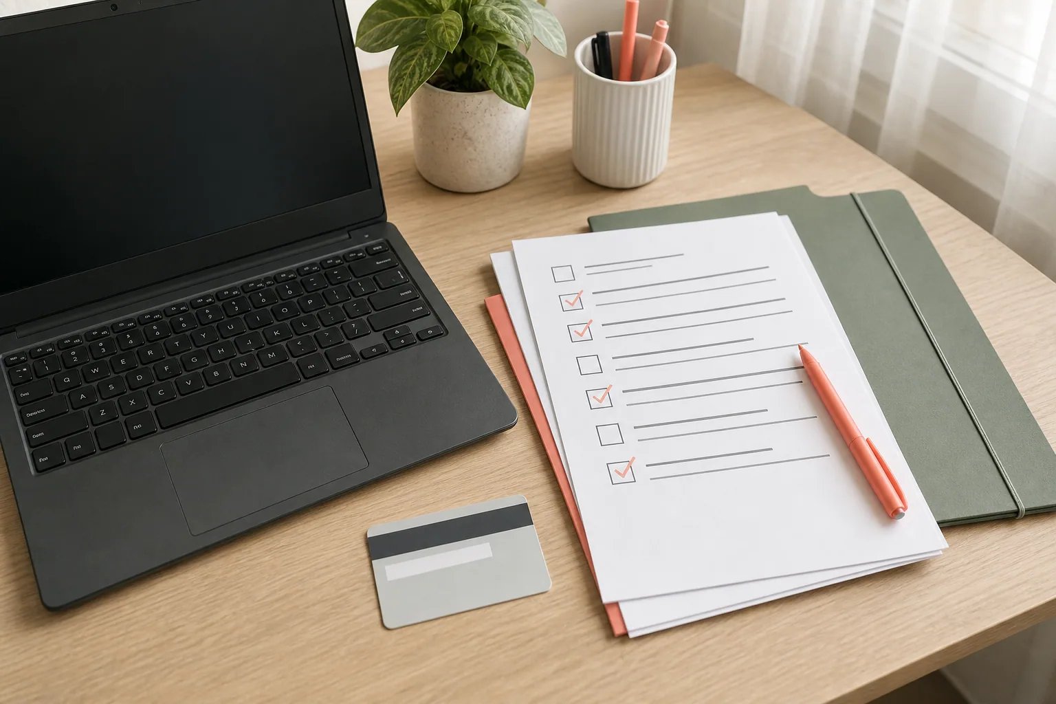 Refurbished laptop beside an organized assistance application checklist and documents