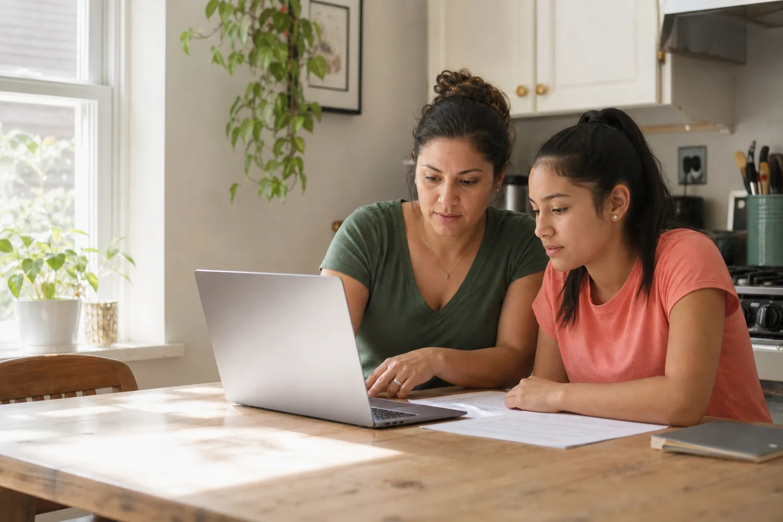 Mother and student reviewing a laptop assistance application on a refurbished laptop