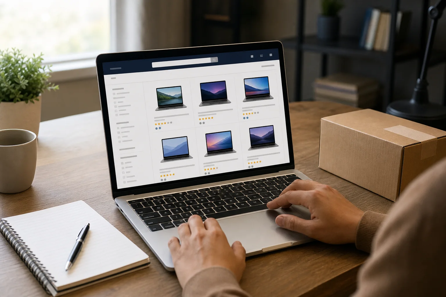 Unbranded laptop on a desk showing generic online shopping product cards