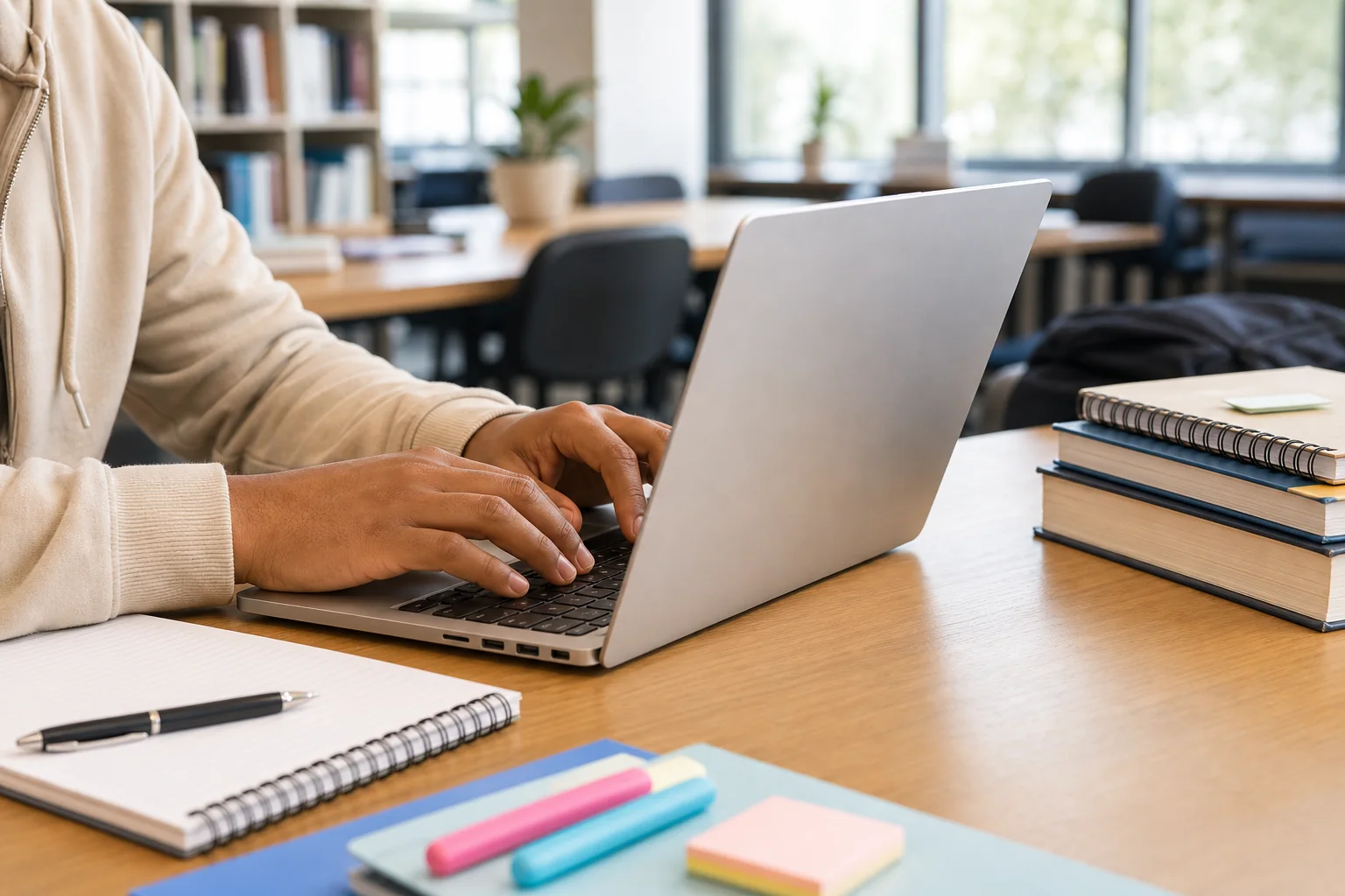 Student using an unbranded laptop with notebooks in a school study area