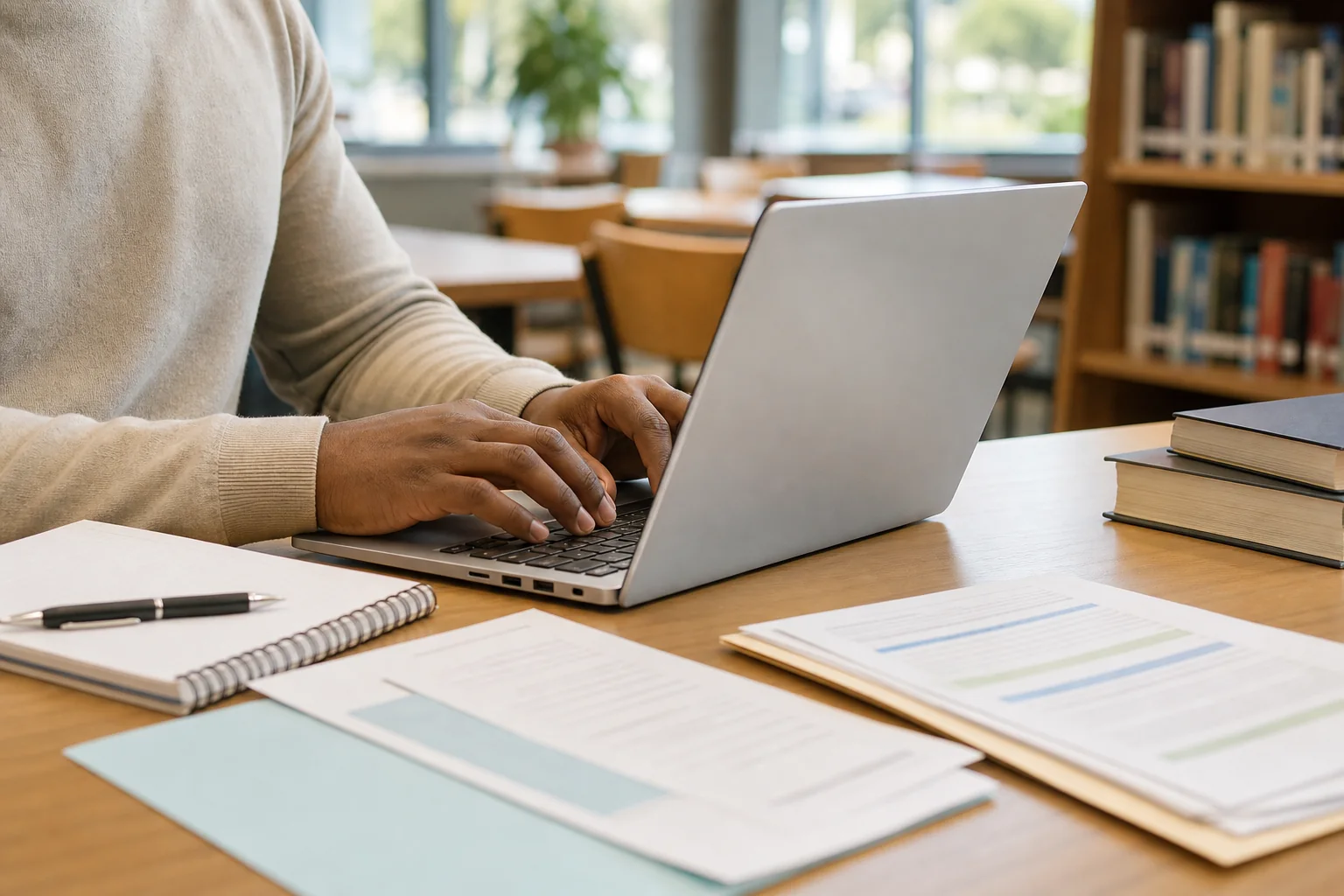 Student using an unbranded silver laptop while reviewing school and nonprofit assistance papers