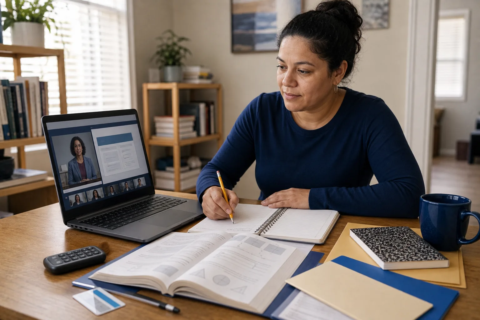 Adult learner studying for online GED classes on a laptop with notebooks and study materials
