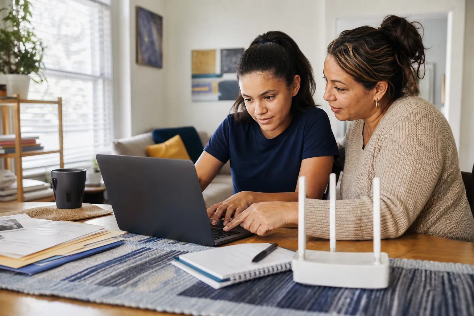 Parent and student using a laptop beside a home Wi-Fi router to review internet and laptop assistance options