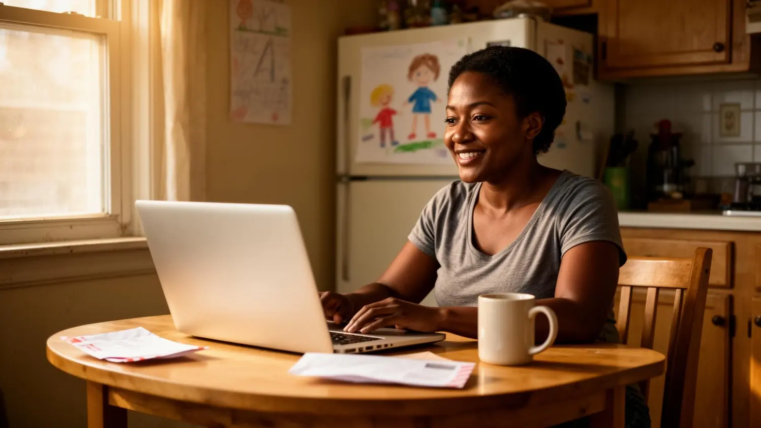 A low-income mother using a refurbished laptop at her kitchen table to apply for benefits