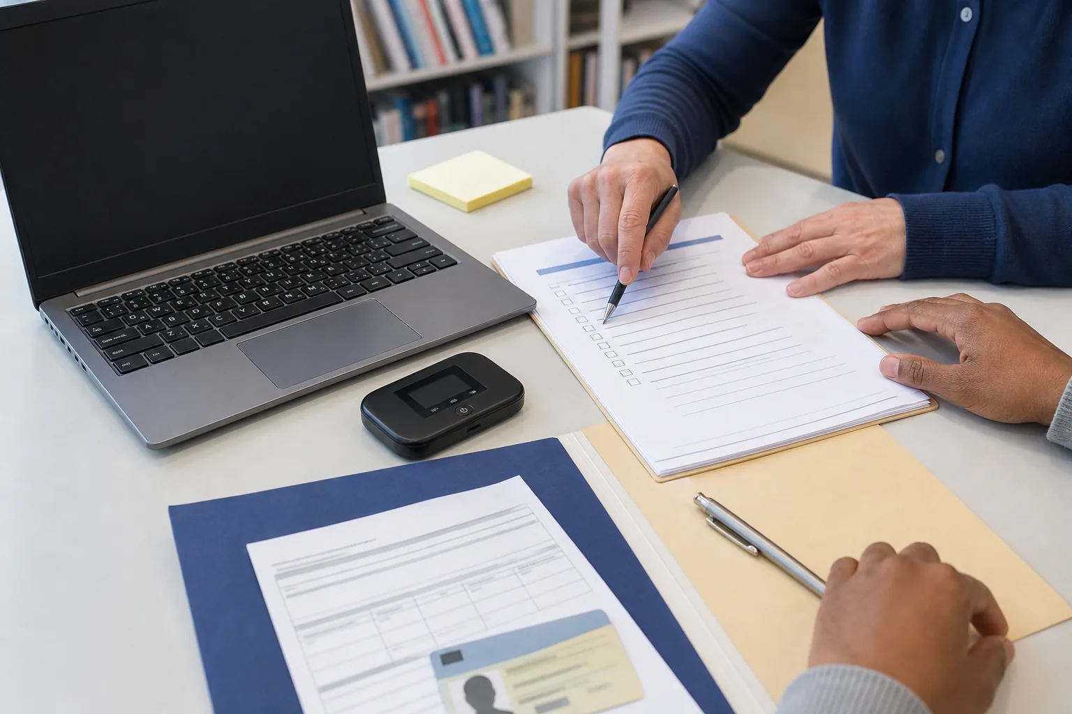 Laptop, mobile hotspot, checklist, and documents prepared for an internet and laptop assistance application