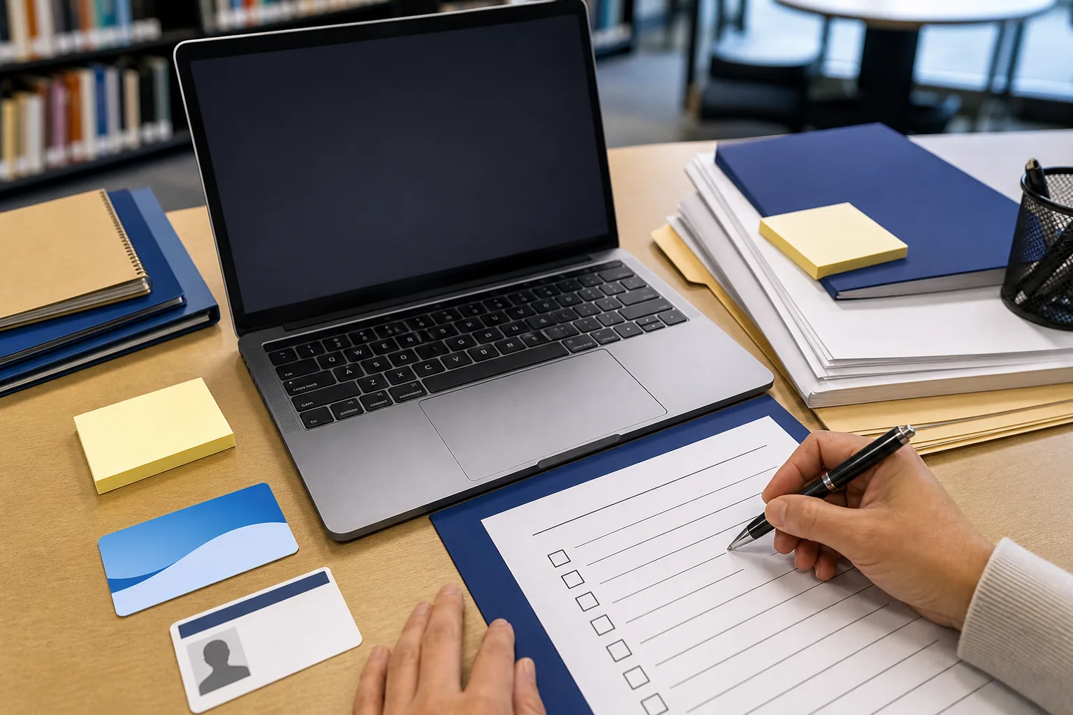Refurbished laptop beside Medicaid proof, ID shape, checklist, and application documents
