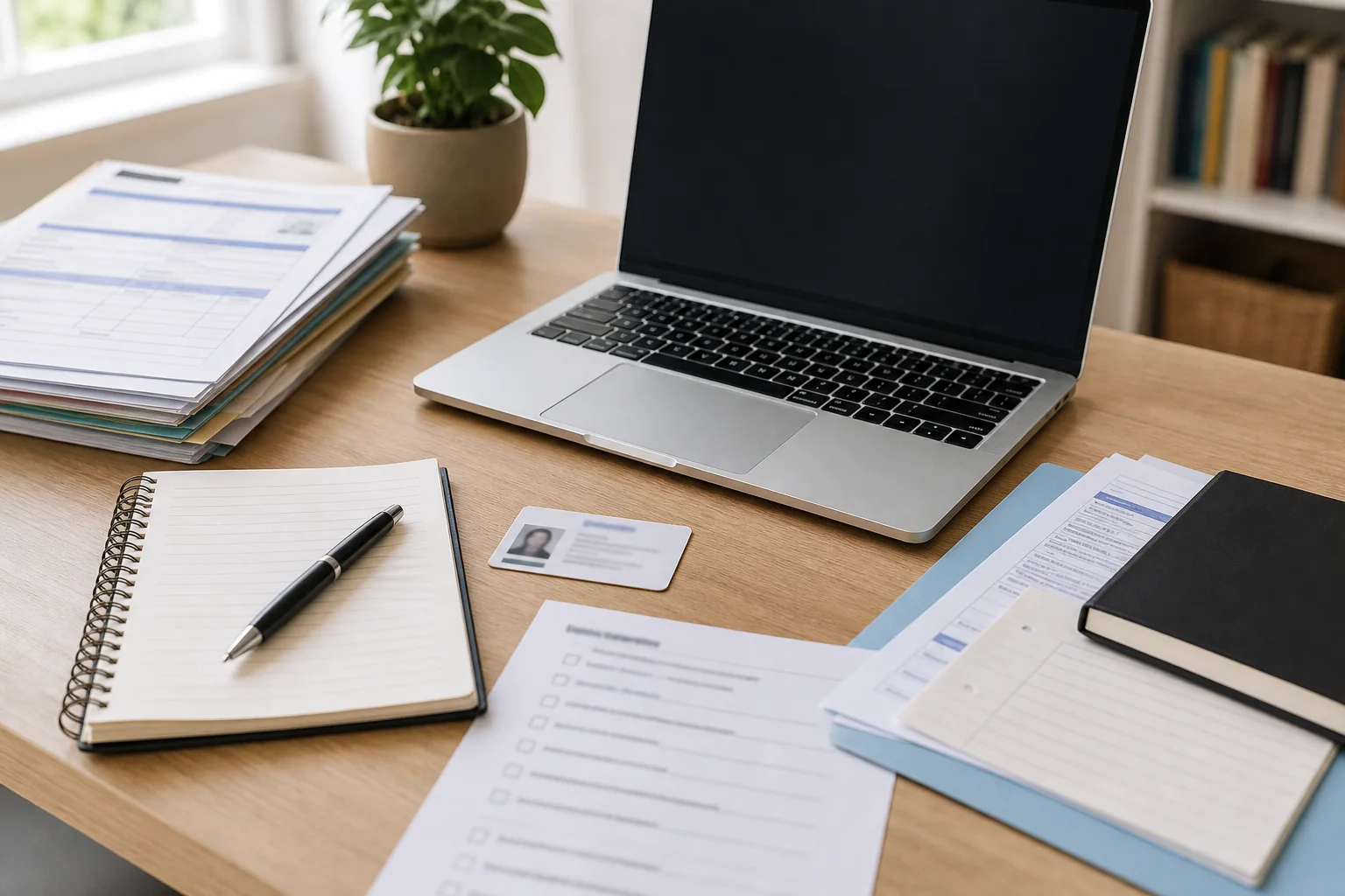 Student laptop application documents beside an unbranded laptop and notebook