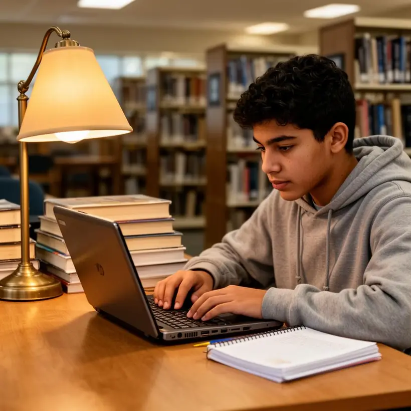 A student using a refurbished laptop in a public library
