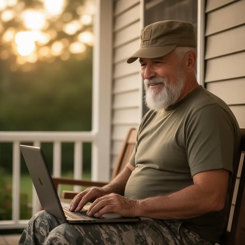 A US veteran using a laptop on his porch at sunset